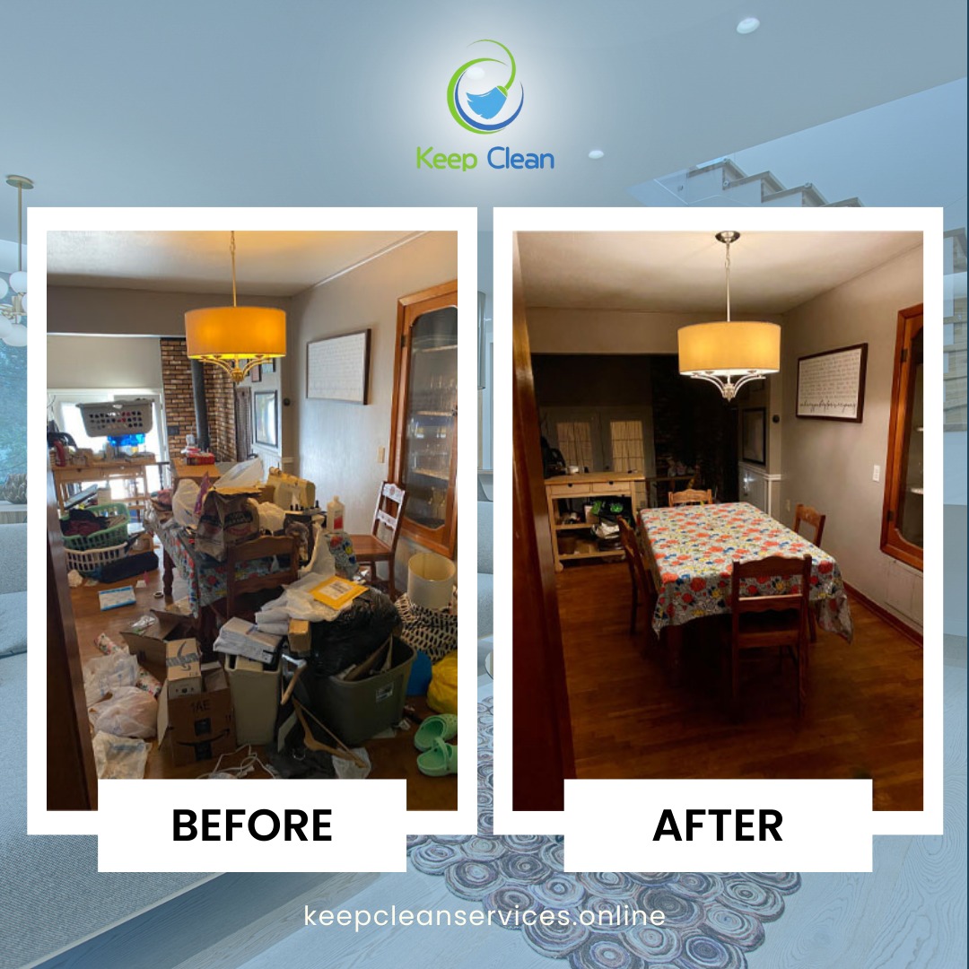 Before and after photo of a dining room cleaned by Keep Clean Solutions LLC