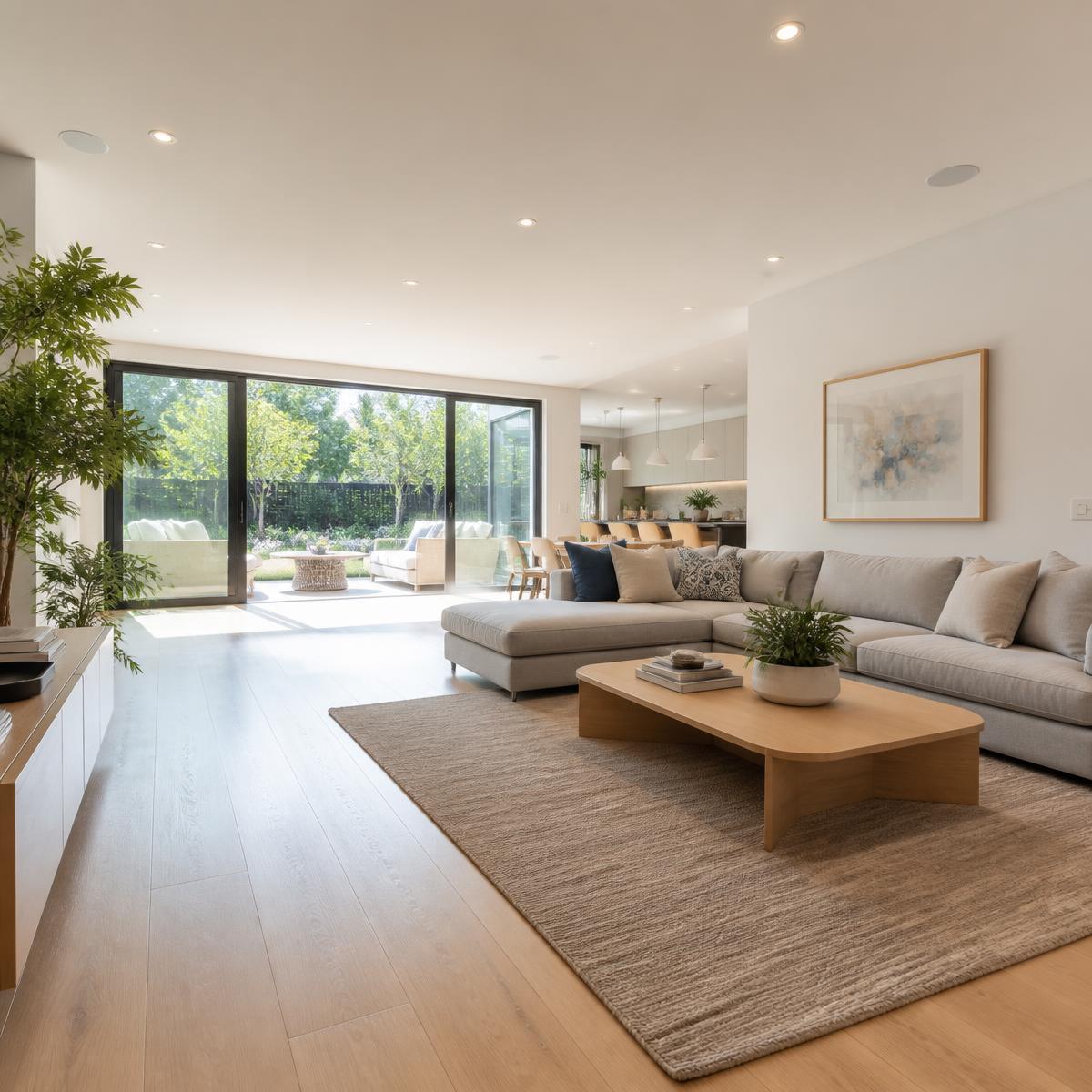Bright, spotless living room in a Portland home after professional cleaning